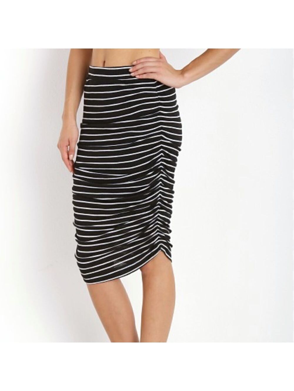 NWT Splendid Navy Blue Ivory Striped Asymmetrical Ruched Stretch Pull On Skirt S
